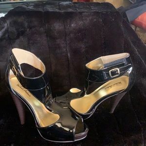 Black patent leather ankle straps stilettos  gold detail